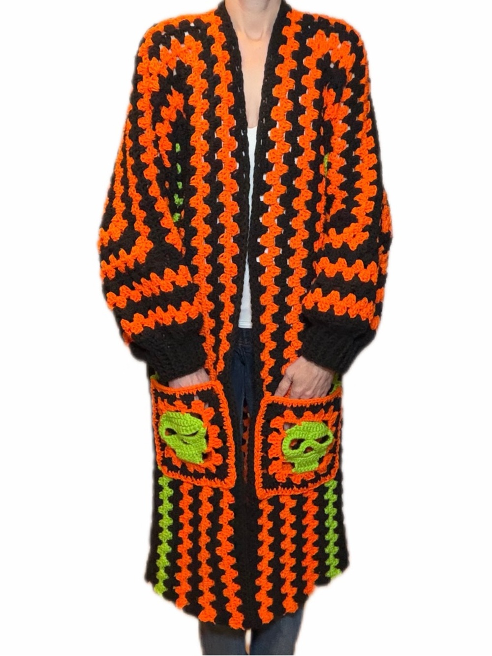 Skull pockets cardigan duster Handmade Crochet  Black Orange Neon Green